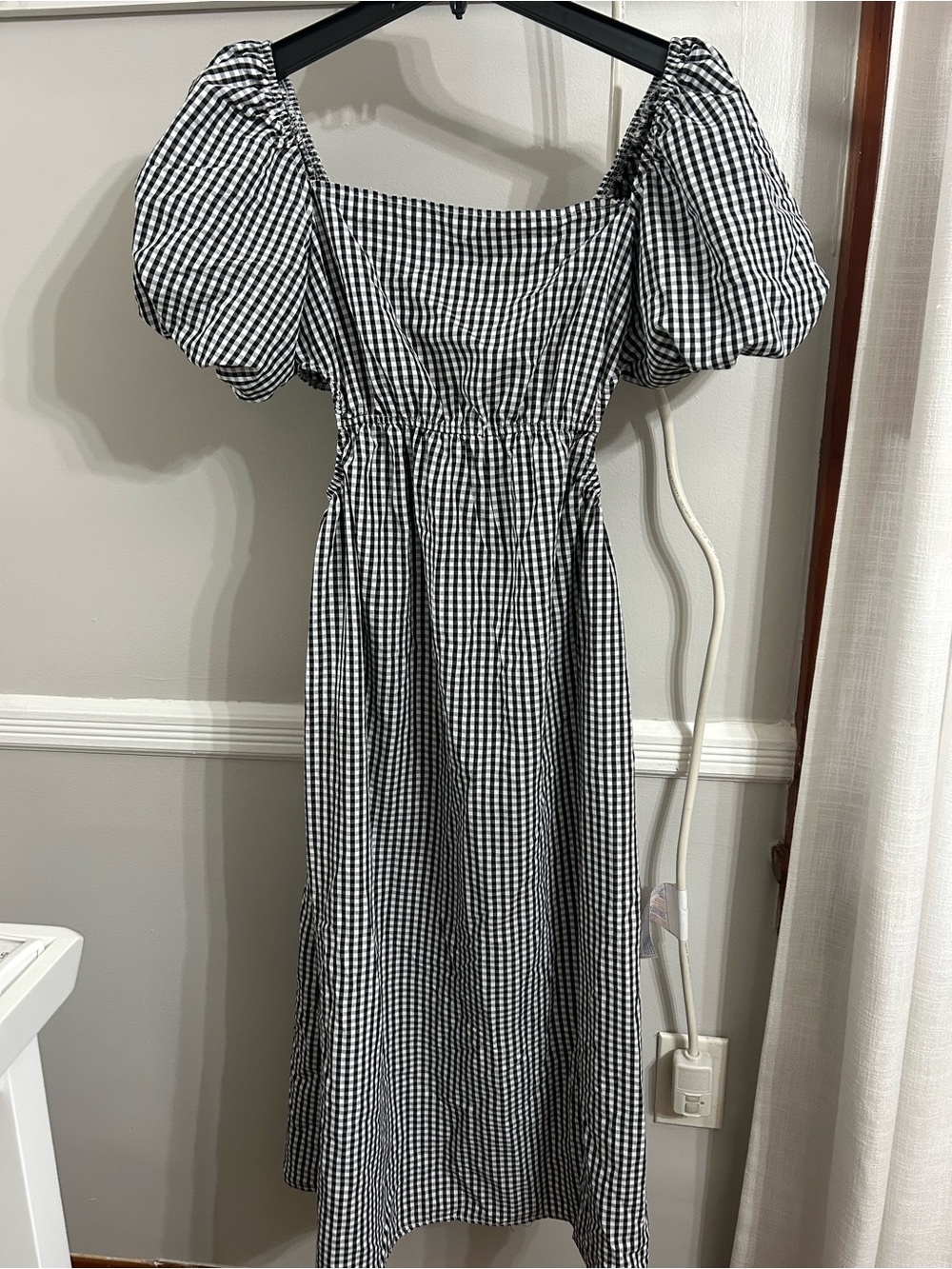 Aqua Black and White Gingham Puff-Sleeve Midi Dress